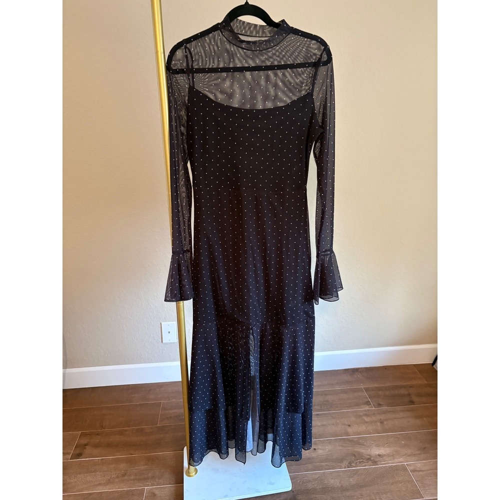 Polka Dot‎ Mesh Dress Midi Long Bell Sleeve Tiered Black M Witchy Whimsigoth